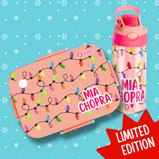 Limited Edition Premium Bento Lunch Box & Water Bottle - Christmas Lights (Peach)