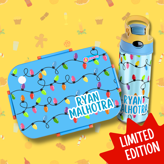 Limited Edition Premium Bento Lunch Box & Water Bottle - Christmas Lights (Blue)