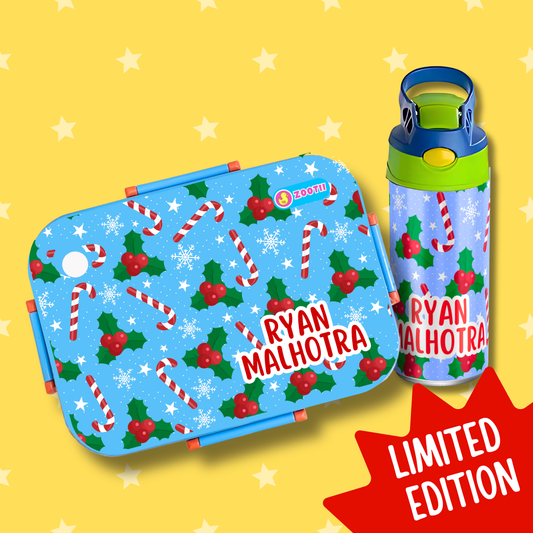 Limited Edition Premium Bento Lunch Box & Water Bottle - Candy Cane (Blue)