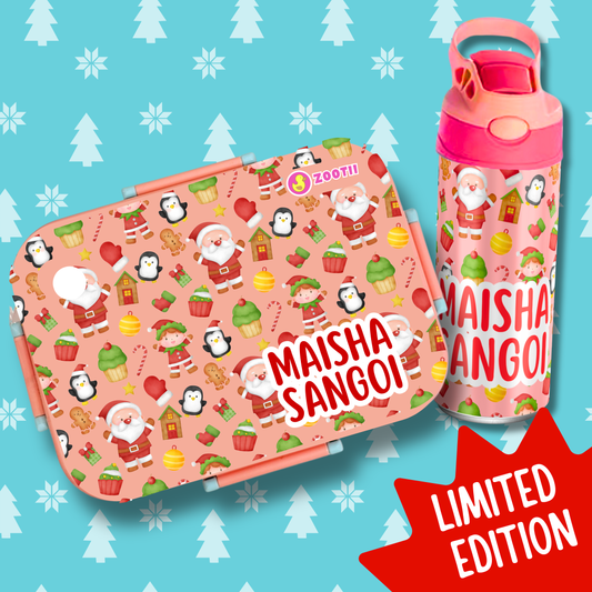 Limited Edition Premium Bento Lunch Box & Water Bottle - Christmas (Pink)