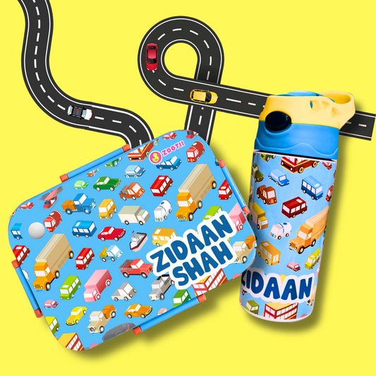 Premium Bento Lunch Box & Water Bottle - Vehicles