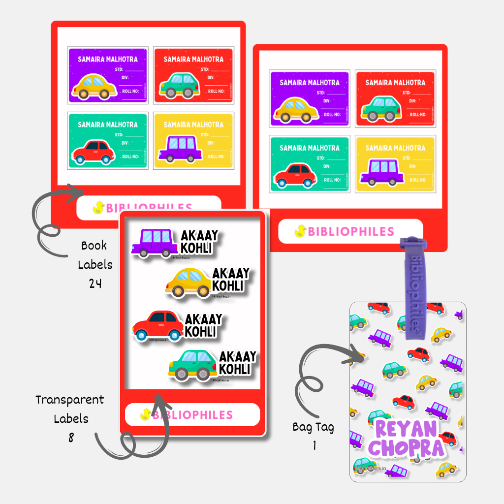 Back to School Combo - Colorful Cars ( Transparent Bag Tag Book Labels)