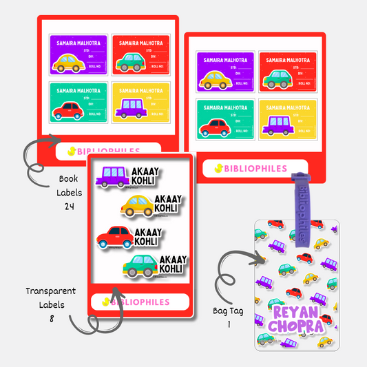 Back to School Combo - Colorful Cars ( Transparent  Bag Tag  Book Labels)