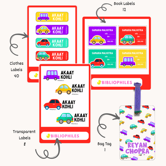 Starting the School Combo - Colorful Cars (Transparent Label Bag Tag Cloth Labels Book Labels)