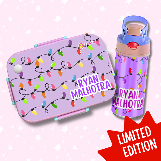 Limited Edition Premium Bento Lunch Box & Water Bottle - Christmas Lights (Purple)