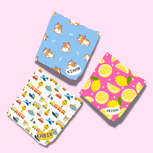 Personalised Muslin Handkerchief Set - Peppy Pack (Pack of 3) with Name Labels