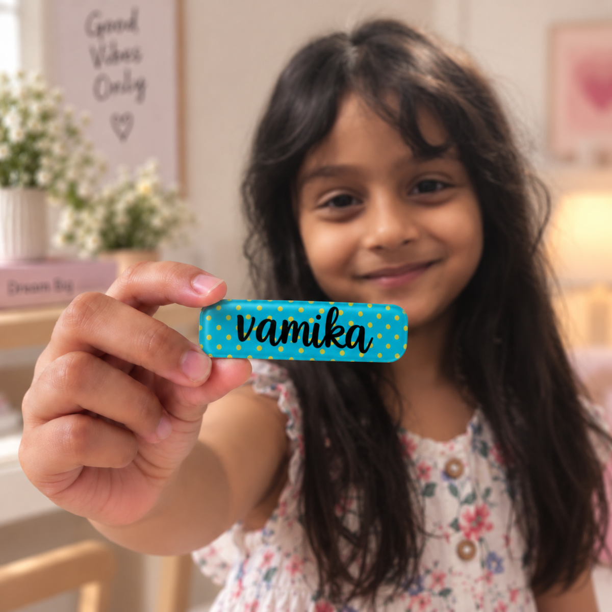 Personalised blue and pink polka dot hair clips