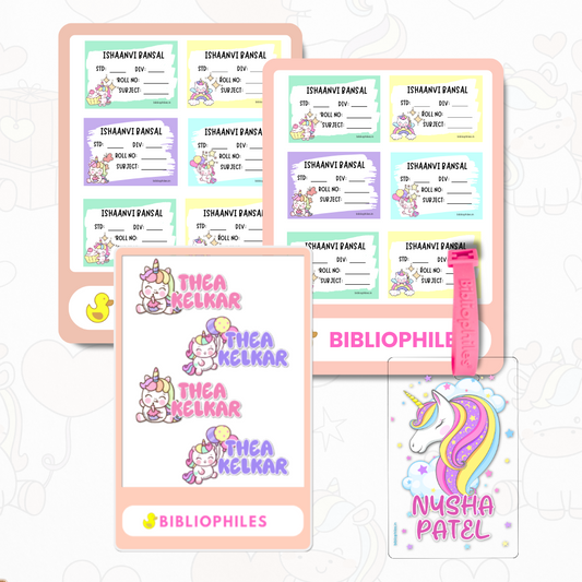Back to School Combo - Unicorn ( Transparent Labels Bag Tag Book Labels)