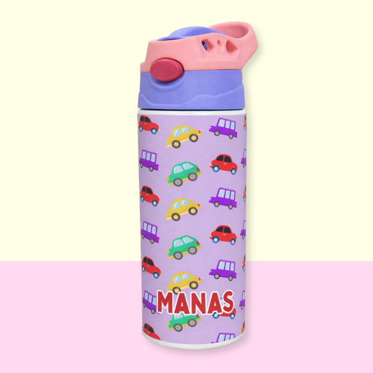 Colourful Cars Personalised Water Bottle (Colourful Cars-Purple)