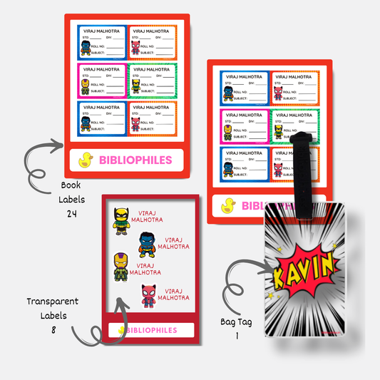 Back to School Combo - Superhero Z ( Transparent  Bag Tag  Book Labels)