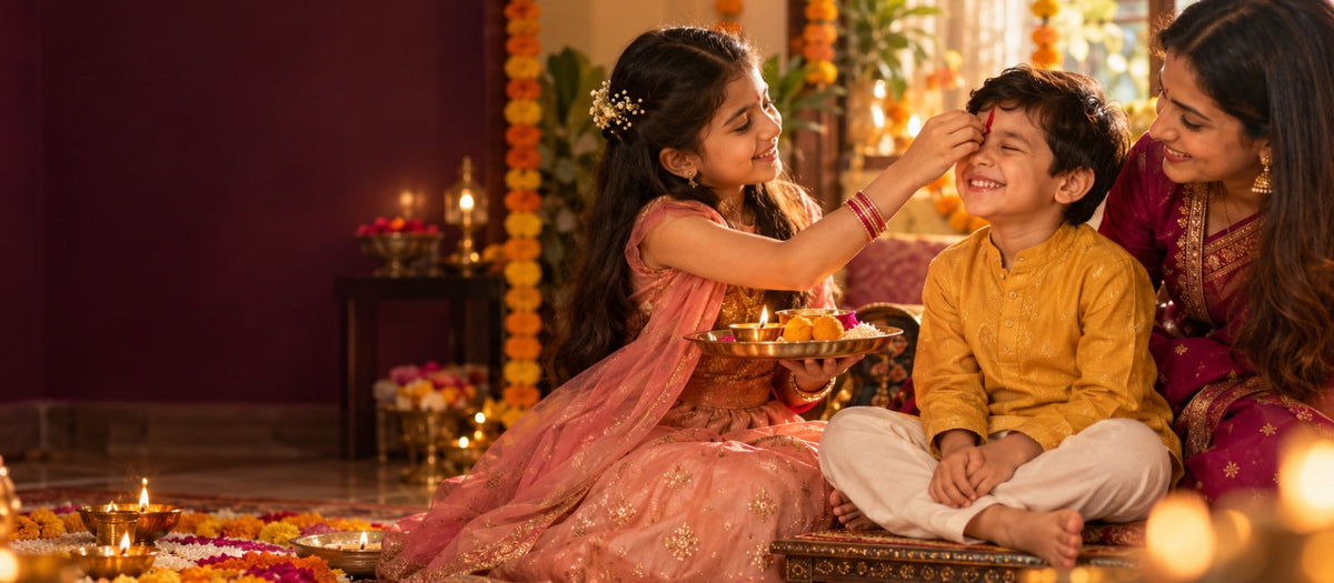 A sister applies a red tilak on her little brother's forehead on Bhai Dooj while their mother smiles, with a brass thali, diyas and marigolds