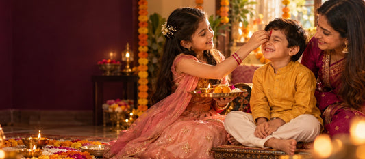 A sister applies a red tilak on her little brother's forehead on Bhai Dooj while their mother smiles, with a brass thali, diyas and marigolds