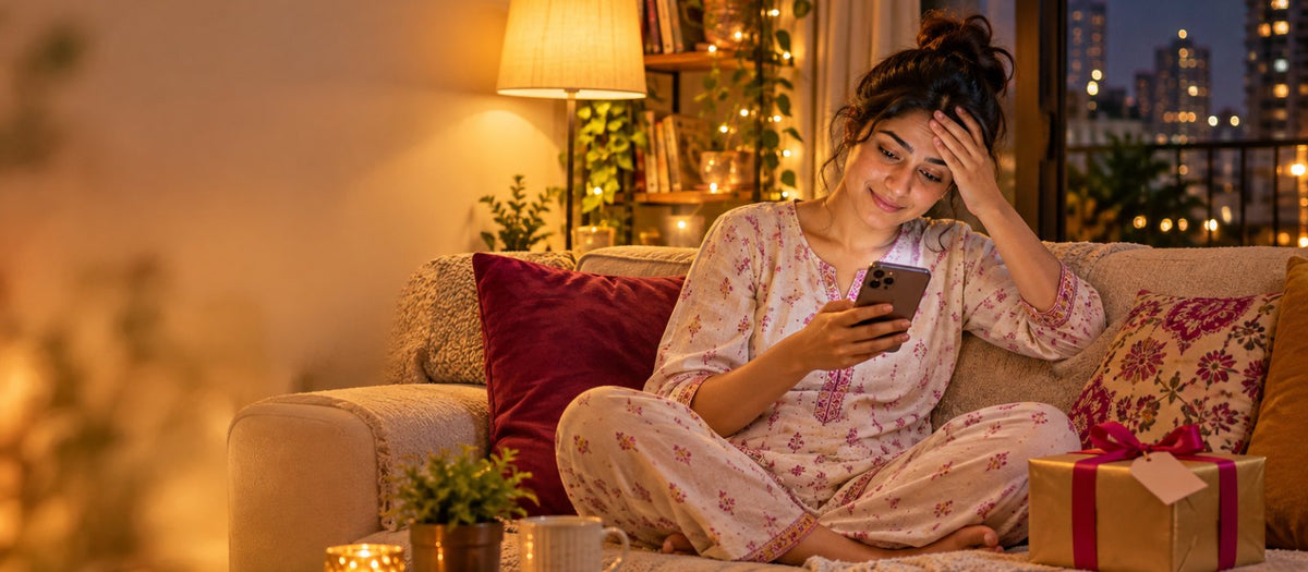A young Indian woman on her sofa at night looking at a birthday party invite on her phone, puzzled and amused, with a plain wrapped gift box beside her