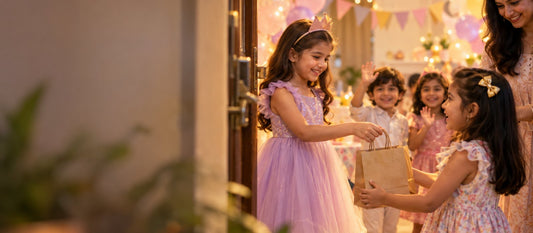A birthday girl hands a kraft return gift bag to a friend at the door while other children wave goodbye under pastel balloons