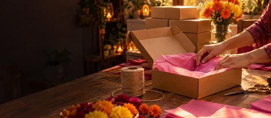 Hands folding pink tissue paper into a kraft gift box in the Zootii packing studio, with twine and marigolds