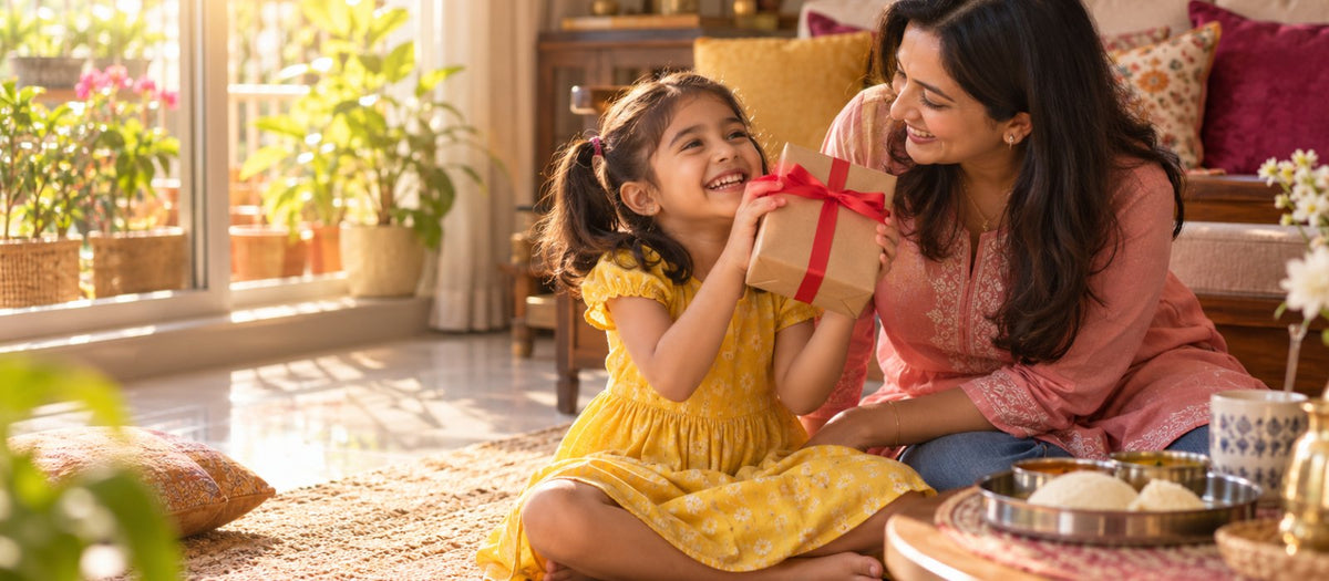 An Indian mother and her six-year-old daughter laughing together on the living-room floor on a sunny Saturday morning, a small gift in plain paper beside them