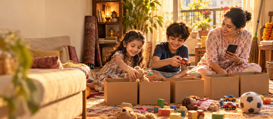 An Indian mother times a toy sort on her phone while her daughter and son put old toys into plain cardboard boxes on the living-room floor before Diwali