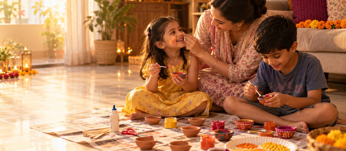 A mother and her two children painting clay diyas on newspaper on the living-room floor a week before Diwali