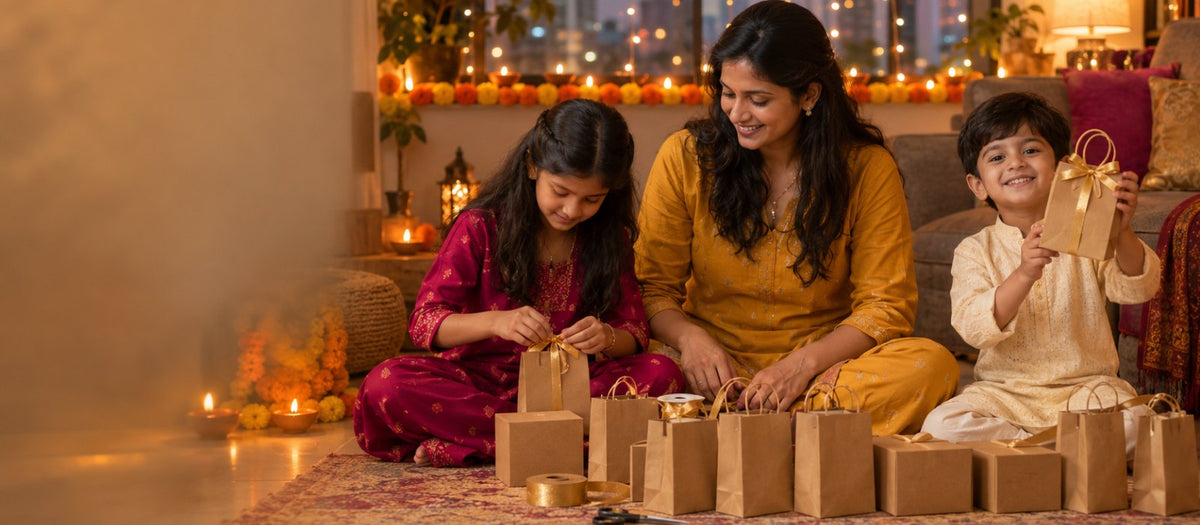An Indian mother and her two children sit on a rug on Diwali evening packing a row of small kraft-paper gift bags with gold ribbon, diyas and marigolds behind them