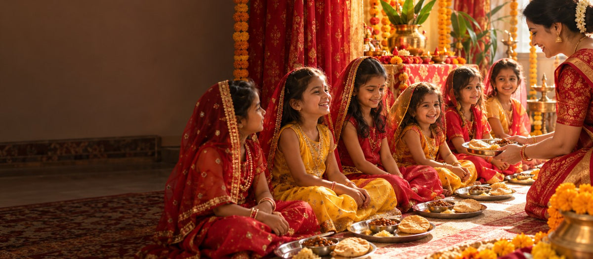 Little girls in red chunris sit in a row for Kanya Pujan with plates of halwa, puri and chana while a mother serves them