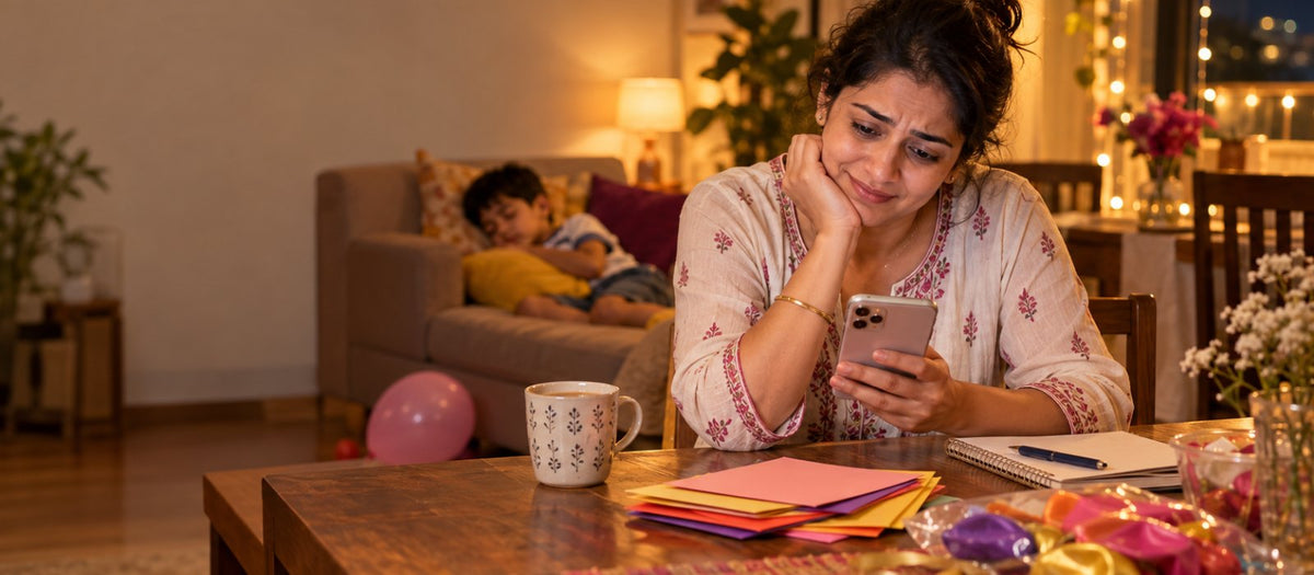 A mother sits at her dining table at night checking her phone beside a stack of blank birthday invitation cards while her son sleeps on the sofa behind her