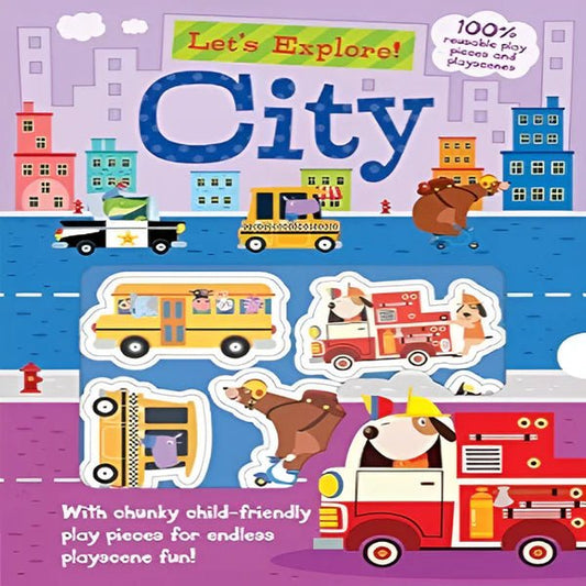 Let’s Explore the City reusable sticker and play scenes book for kids.