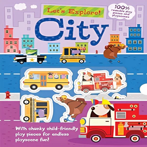 Let’s Explore the City reusable sticker and play scenes book for kids.