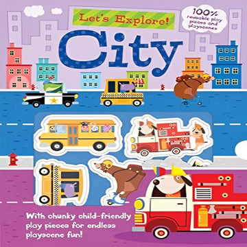 Let’s Explore the City reusable sticker and play scenes book for kids.
