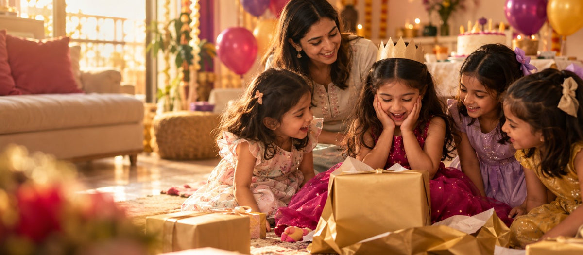A six-year-old girl in a party dress gasps with delight as she opens a plain wrapped gift at her birthday party in a Mumbai flat, her friends crowding round
