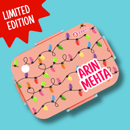Limited Edition Premium Bento Lunch Box & Water Bottle - Christmas Lights (Peach)