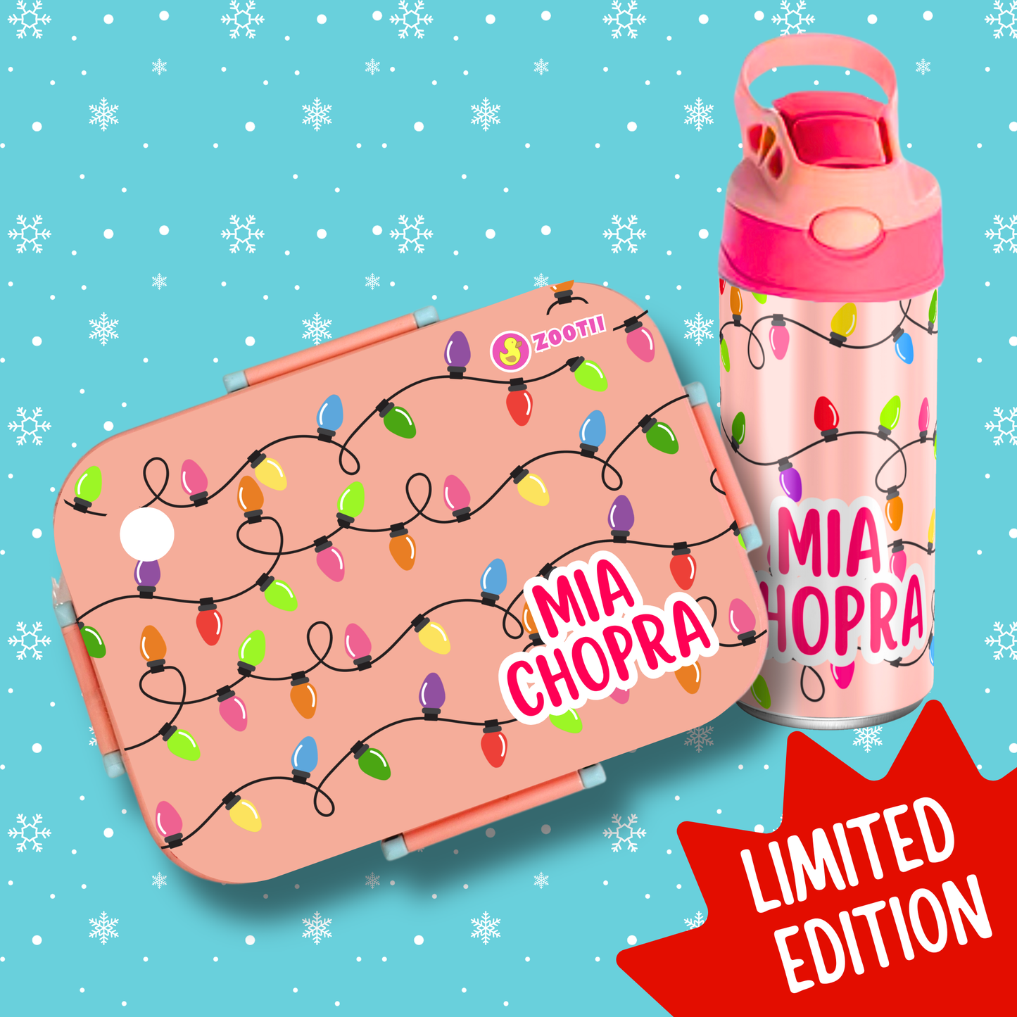 Limited Edition Premium Bento Lunch Box & Water Bottle - Christmas Lights (Peach)