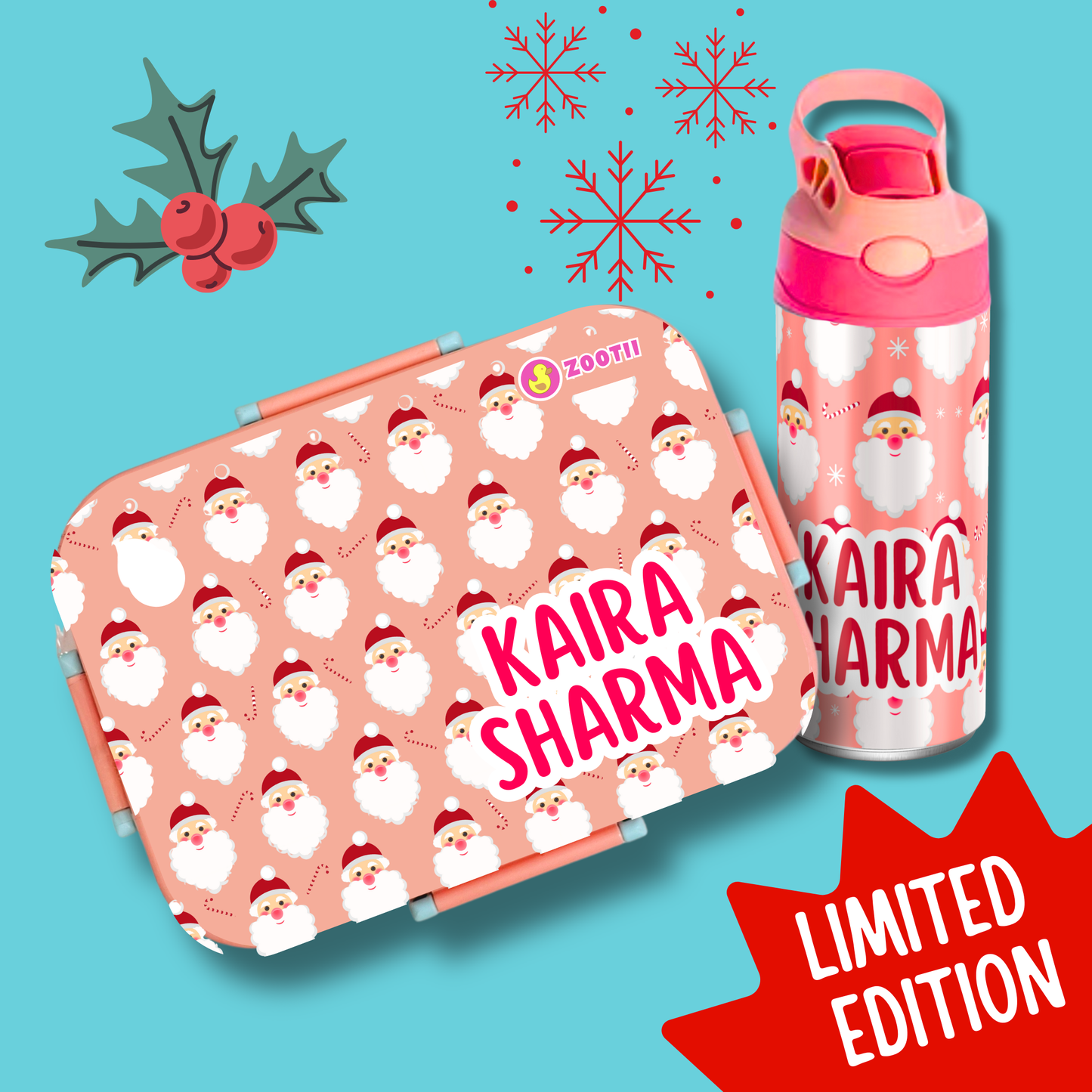 Limited Edition Premium Bento Lunch Box & Water Bottle - Santa Clause (Peach)
