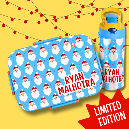 Limited Edition Premium Bento Lunch Box & Water Bottle - Santa Clause (Blue)