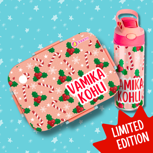 Limited Edition Premium Bento Lunch Box & Water Bottle - Candy Cane (Peach)