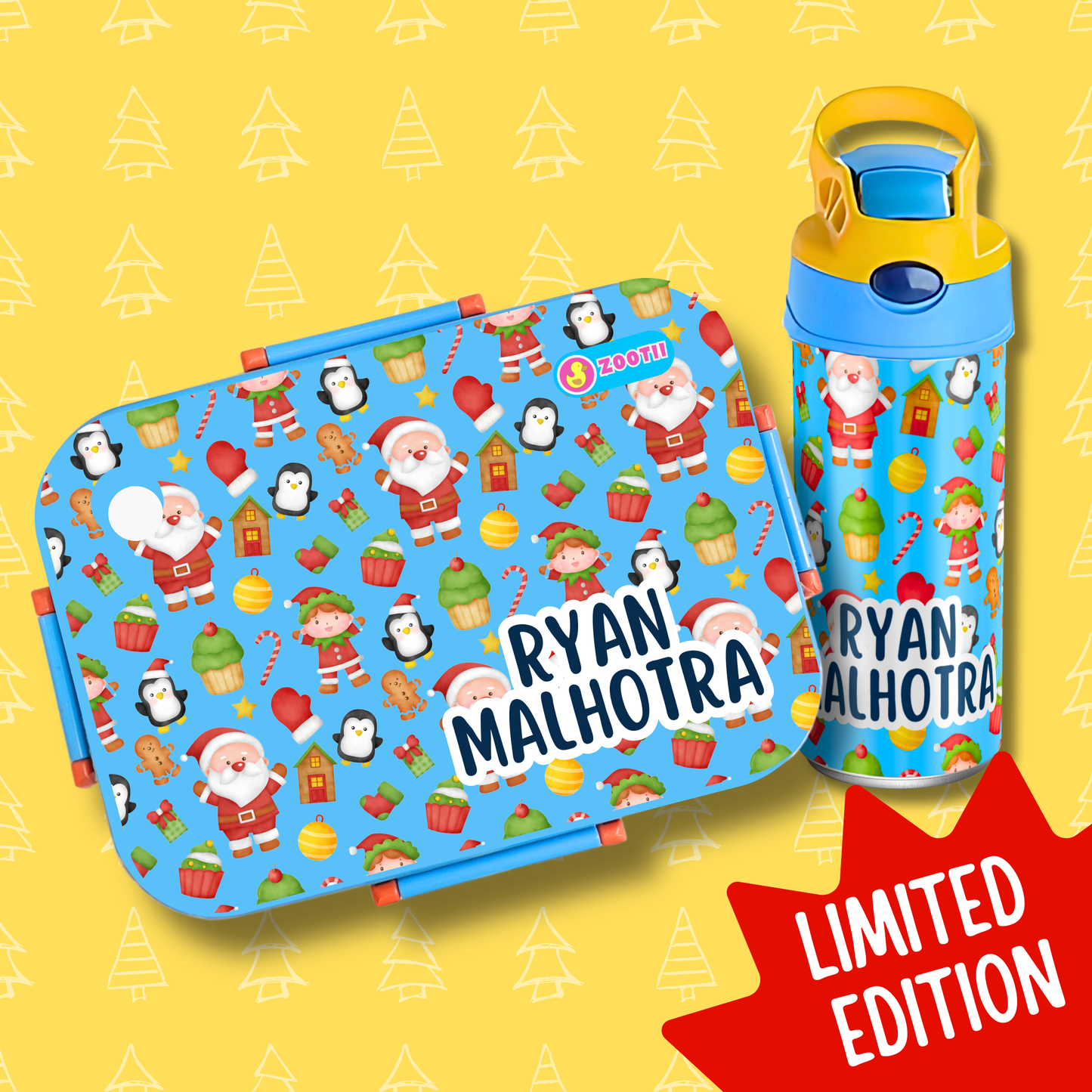 Limited Edition Premium Bento Lunch Box & Water Bottle - Christmas (Blue)