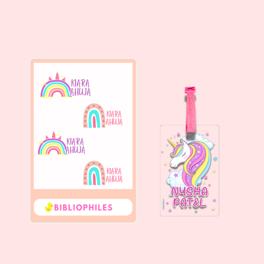 Essential Combo Rainbow Unicorn Theme  Back to School  2 Transparent Labels & 2 Luggage Tag Combo 1 Child Name