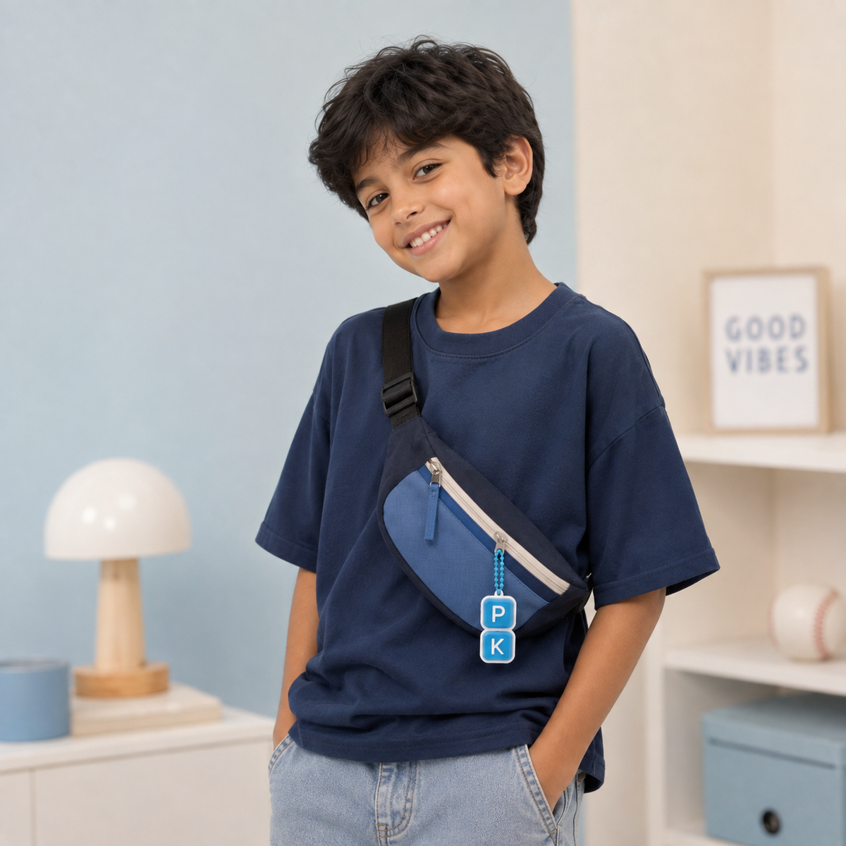 Boy using a personalised clicker bag charm accessory