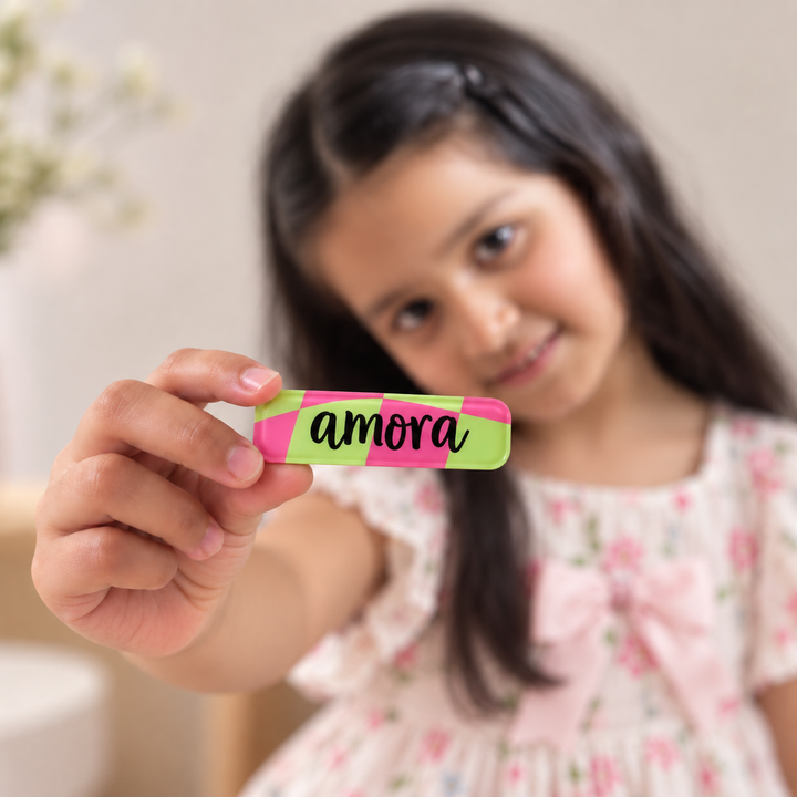 Personalised pink checkers hair clips for girls