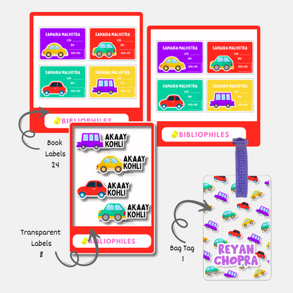 Back to School Combo - Colorful Cars ( Transparent  Bag Tag  Book Labels)