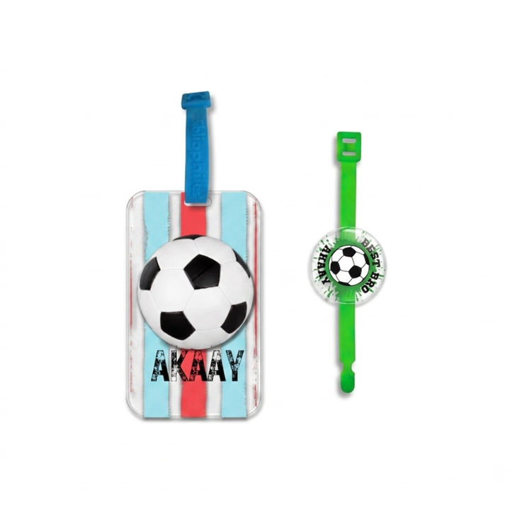 Rakha Bandhan Combo - Football Luggage Tag | Rakhi | Greeting Card