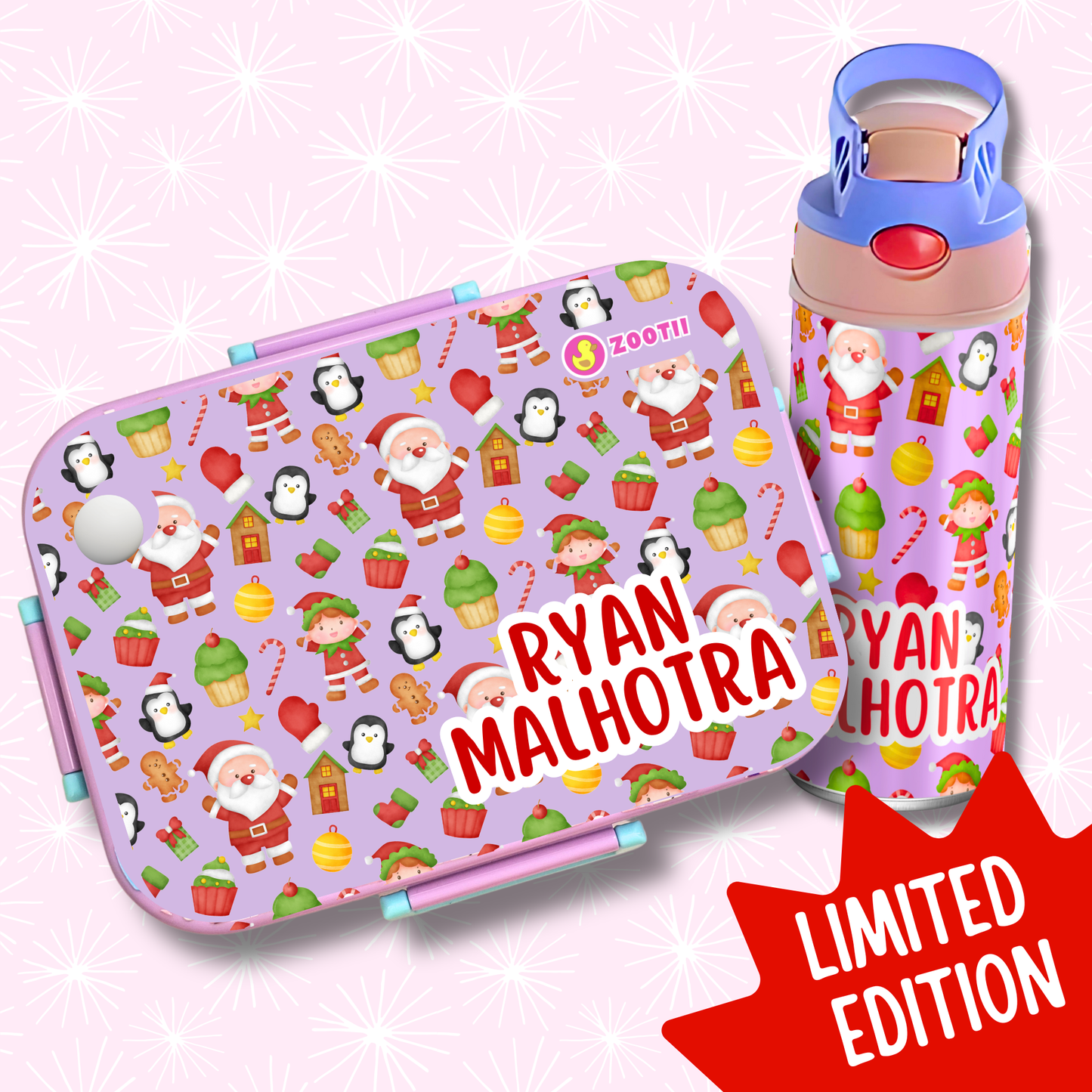 Limited Edition Premium Bento Lunch Box & Water Bottle - Christmas (Purple)