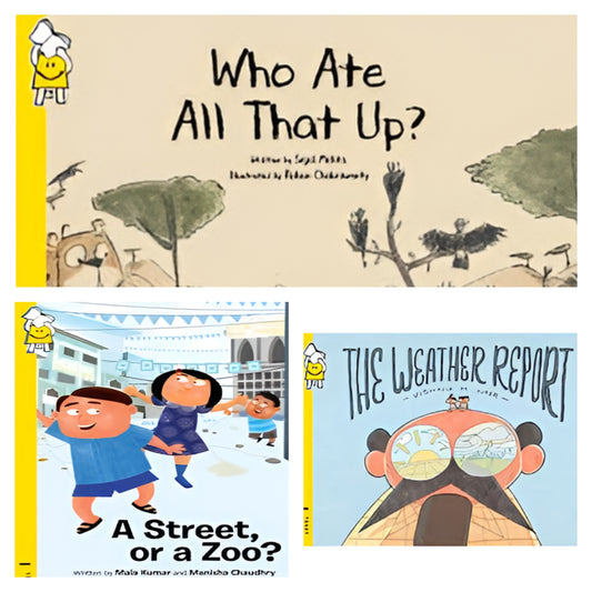 Pack of 3: Who ate aoo that up?, A street, or a Zoo?, The weather report