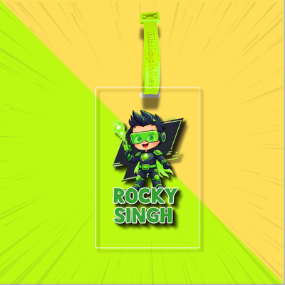 Personalised Superhero Kids transparent bag tag for kids