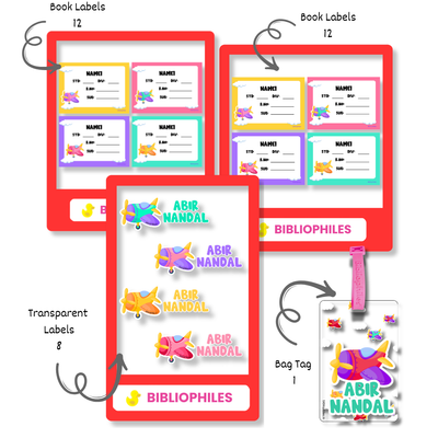 Bibliophiles Back to School Combo - Planes ( Transparent Bag Tag Book Labels) for kids
