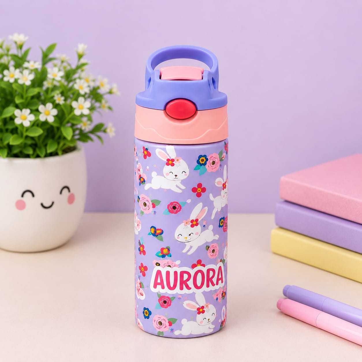 Cute Bunny Personalised Water Bottle (Cute Bunny- Peach)