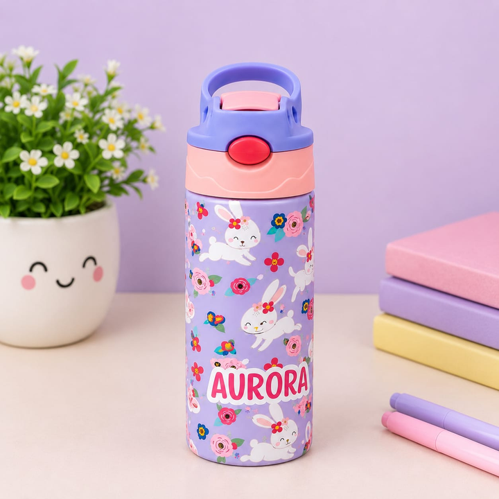 Cute Bunny Personalised Water Bottle (Cute Bunny- Peach)