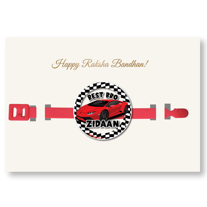 Transparent Race Car Rakhi for kids featuring a custom name, perfect personalized Rakhi for Raksha Bandhan