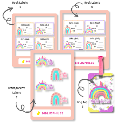 Bibliophiles Back to School Combo - Rainbow ( Transparent Bag Tag Book Labels) for kids