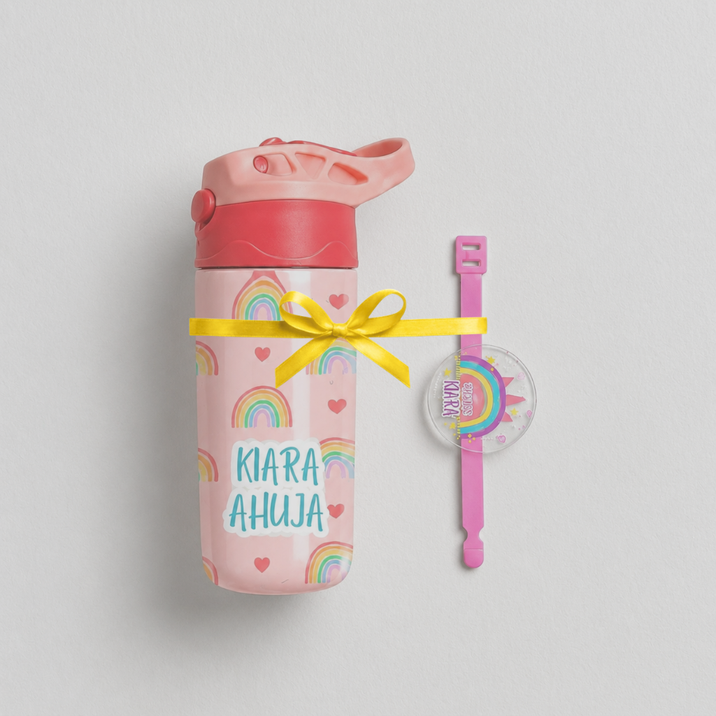 Rainbow Waterbottle | Rakhi | Greeting Card - Raksha Bandhan Combo