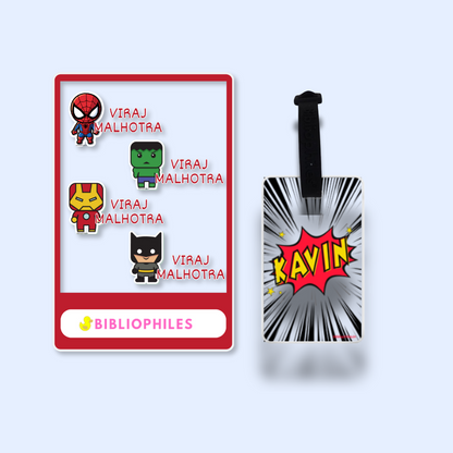 Essential Combo Superhero Theme  Back to School  2 Transparent Labels & 2 Luggage Tag Combo 1 Child Name